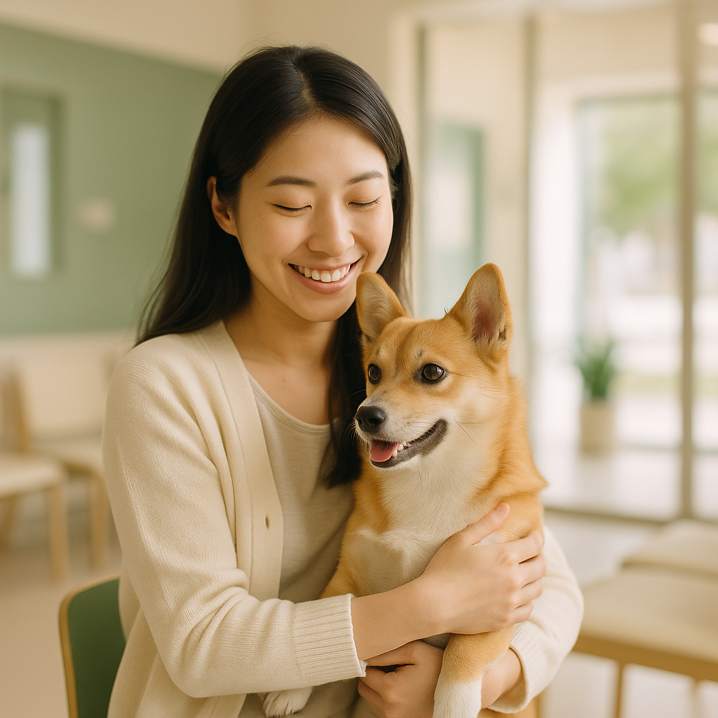 飼主在明亮診所裡開心抱著毛孩